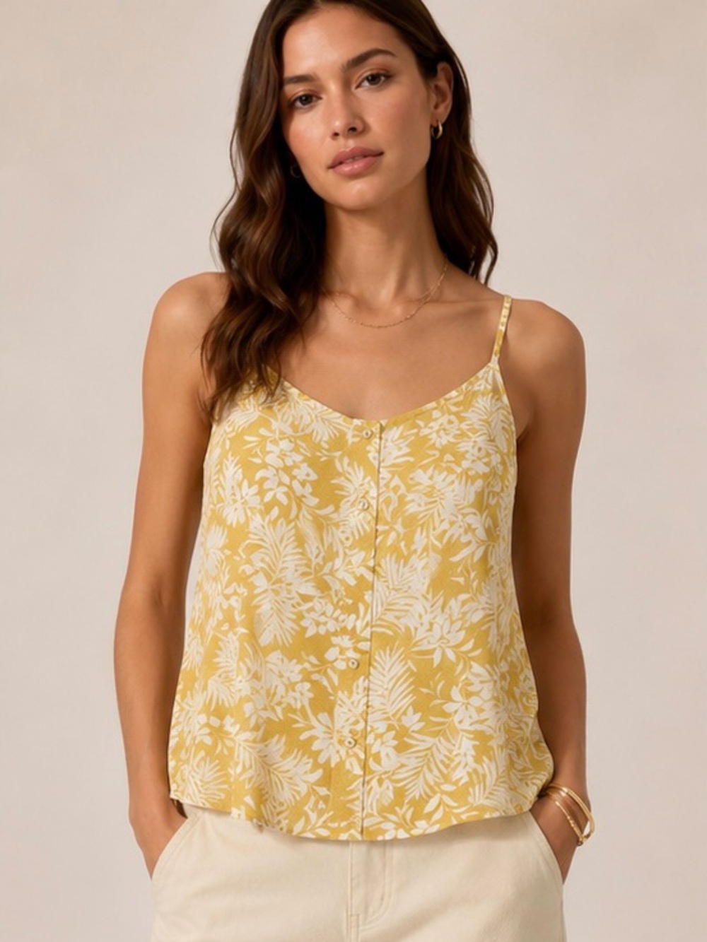 Mine Anthropologie Yellow Tropical Print Button Detail Cami Top L